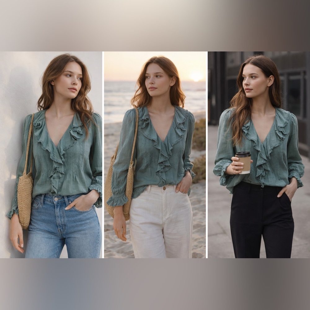 DÔEN Hardy Ruffle Pintuck Organic Cotton Top XS Lagoon Green Boho Romantic NWT